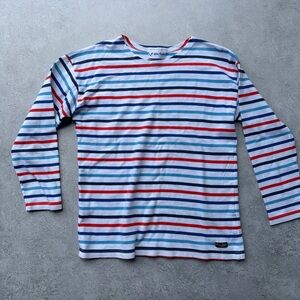 Vintage Nautical Striped Long-Sleeve Breton Tee - White with Red & Blue Stripes